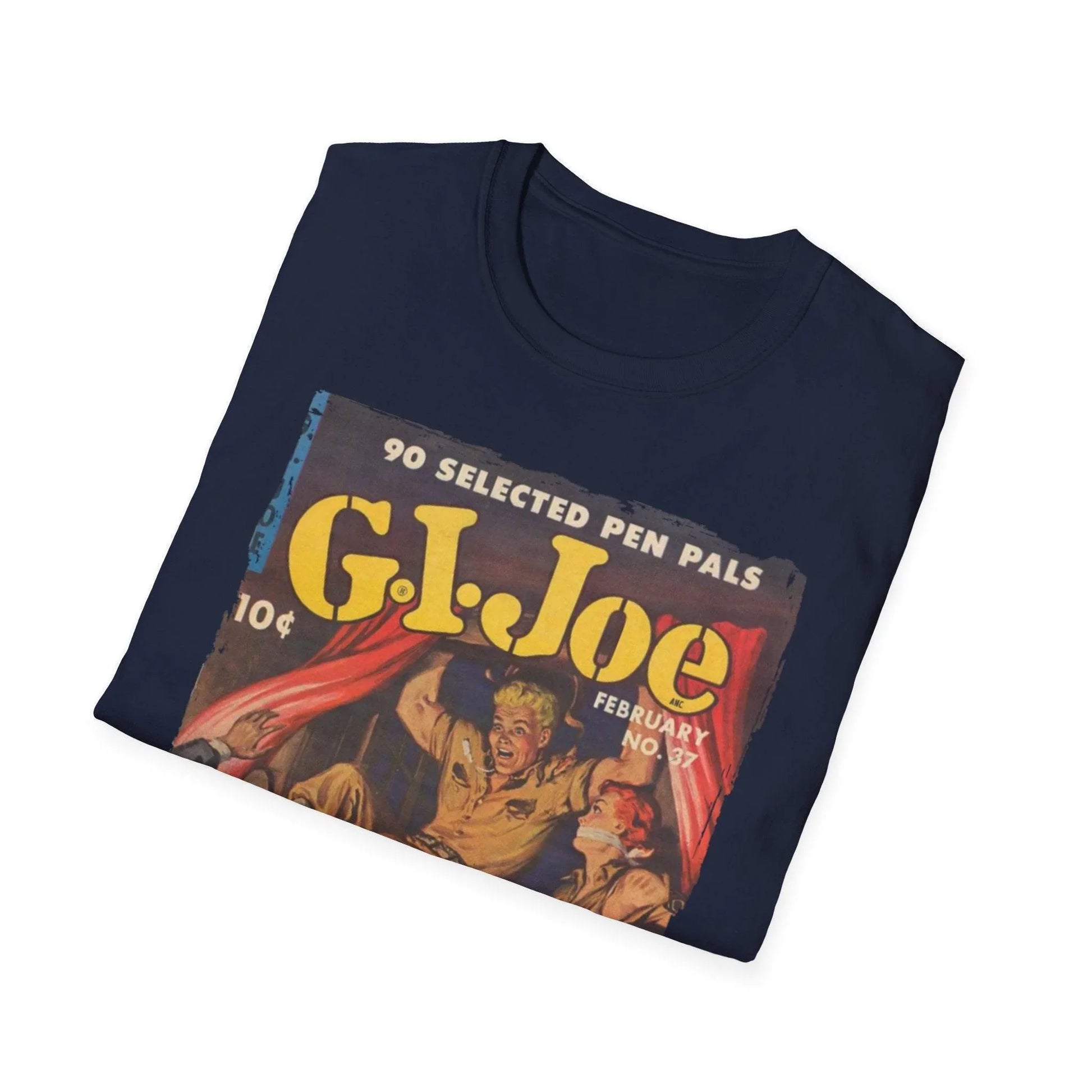 Close-up of the G.I. Joe No.37 softstyle T-shirt's ribbed crew neckline and smooth cotton fabric texture in classic black