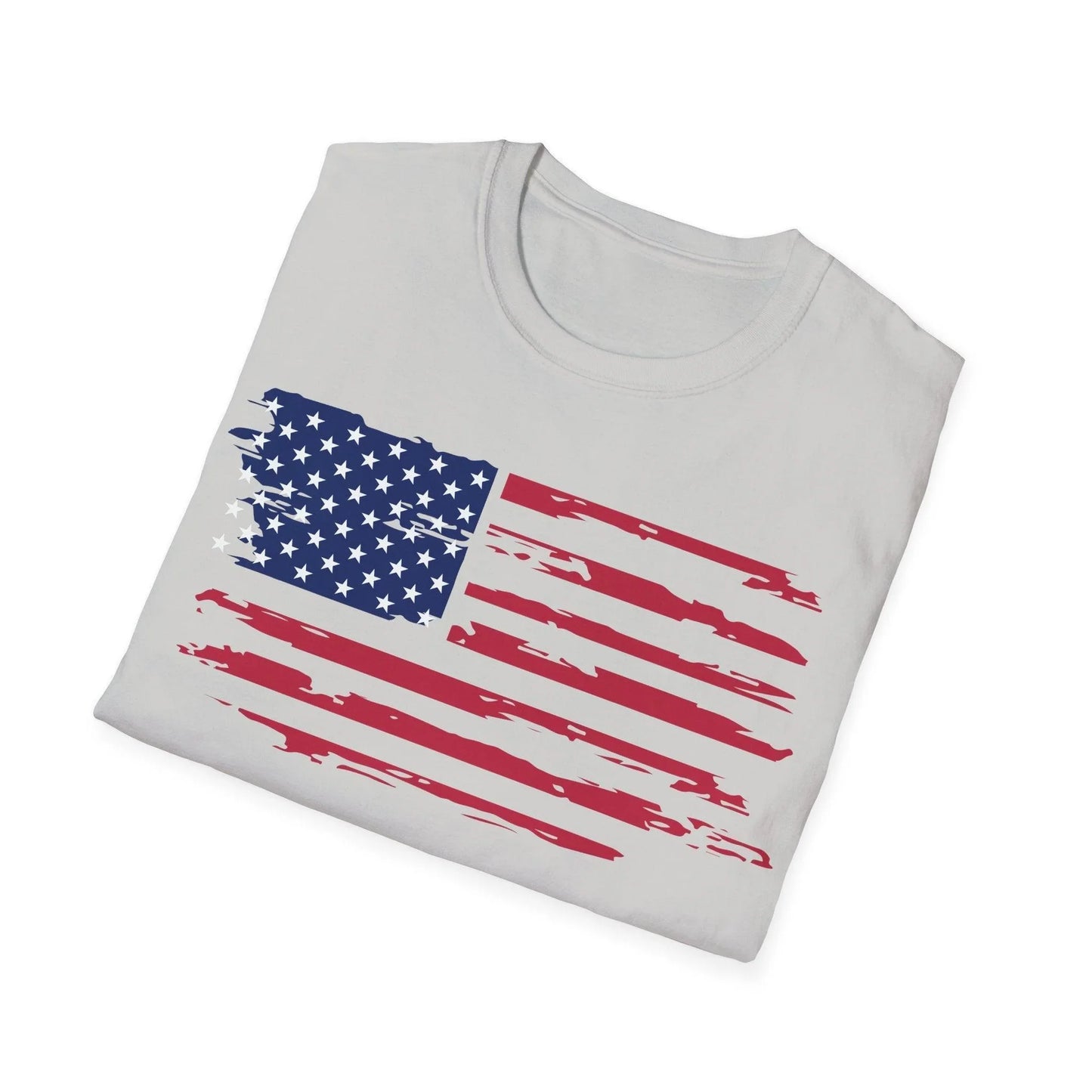 Close-up of distressed American flag print on chest area showcasing vibrant colors and worn texture detail of the unisex