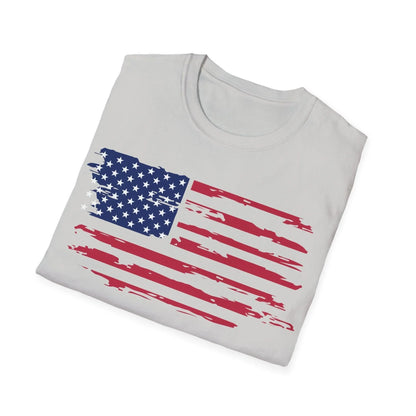 Close-up of distressed American flag print on chest area showcasing vibrant colors and worn texture detail of the unisex
