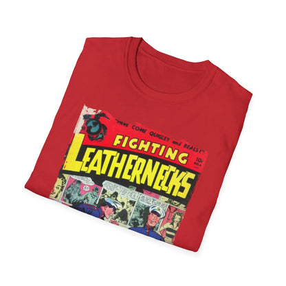 Close-up of the Fighting Leathernecks #6 T-Shirt’s sewn neck label on navy fabric, highlighting the smooth stitching and