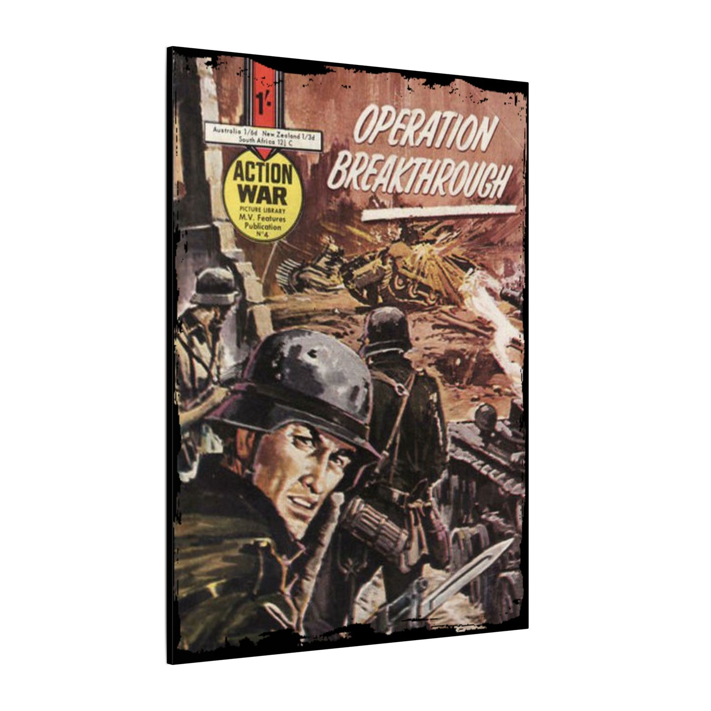 Close-up of vibrant comic book cover artwork with textured matte finish and bold color contrasts on the canvas print