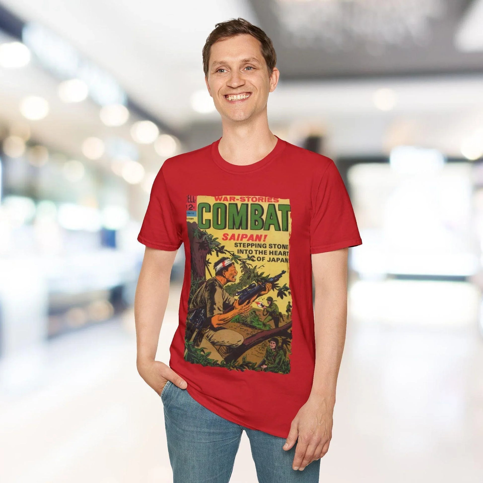 Close-up of the Combat Oct 1967 T-shirt's soft cotton fabric, showing the relaxed fit and vibrant olive green color from a