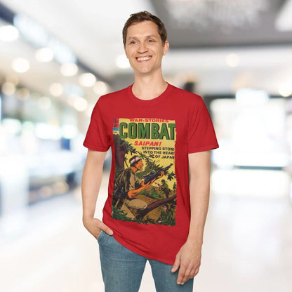 Close-up of the Combat Oct 1967 T-shirt's soft cotton fabric, showing the relaxed fit and vibrant olive green color from a