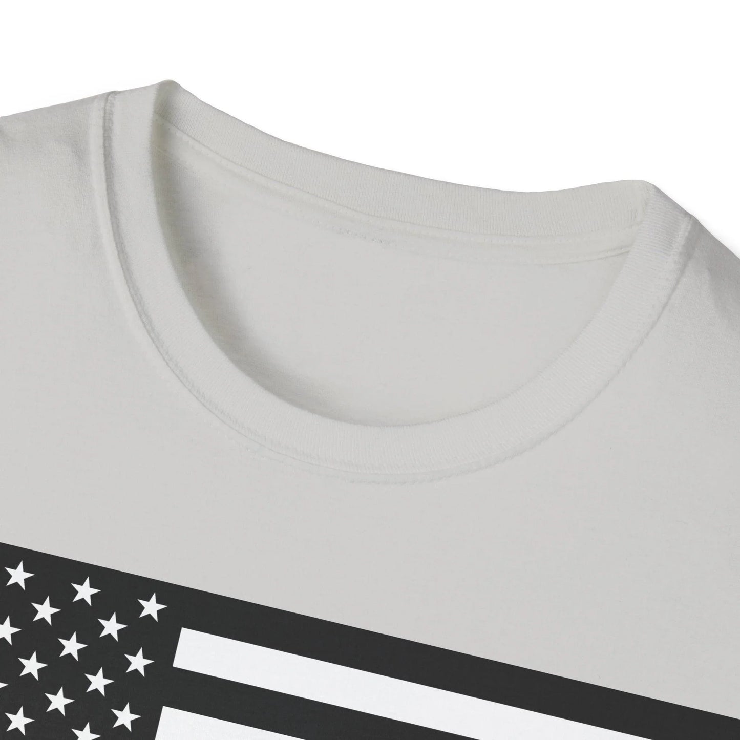 Close-up of black and white American Flag heartbeat graphic on the chest area, showcasing crisp print details and fabric