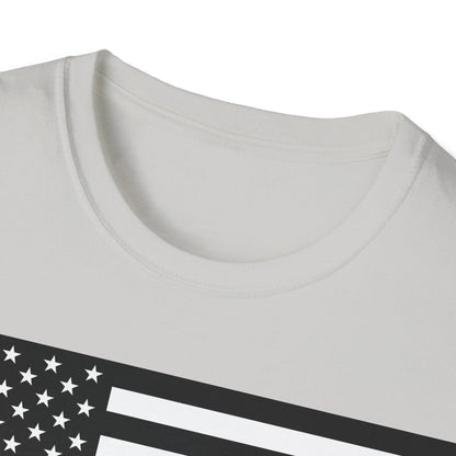 Close-up of black and white American Flag heartbeat graphic on the chest area, showcasing crisp print details and fabric