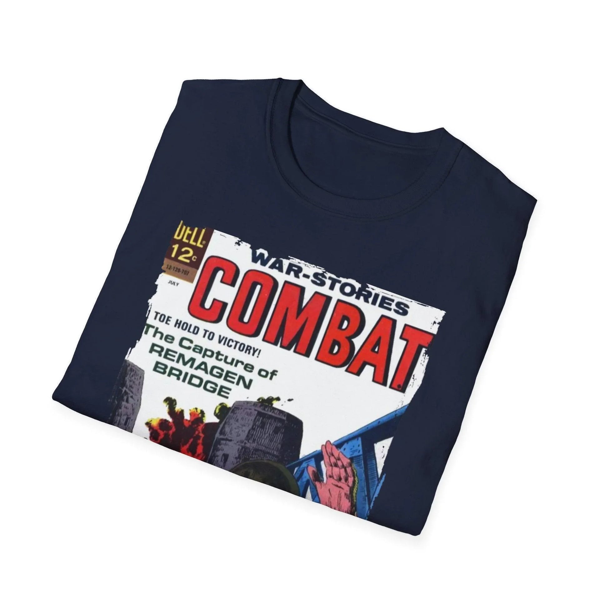 Close-up of the Combat July 1967 unisex softstyle T-shirt's collar, revealing the stitched neckline and subtle fabric