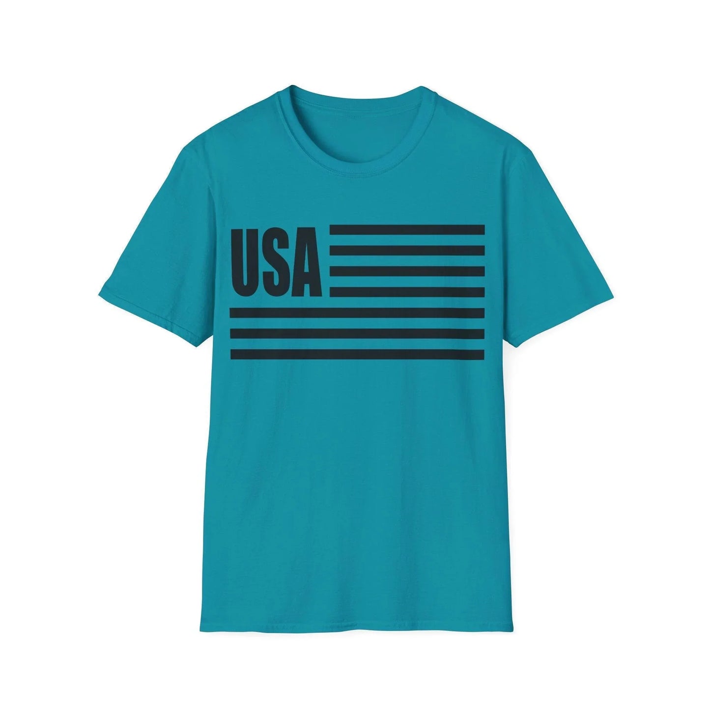 Close-up of the American Flag USA B&W T-Shirt’s collar highlighting smooth, soft fabric and reinforced stitching for