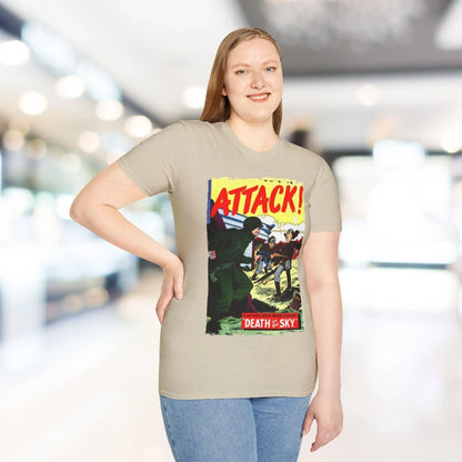 Close-up of the Attack! No. 7 T-shirt fabric showcasing soft cotton blend, smooth knit texture, and reinforced stitching at