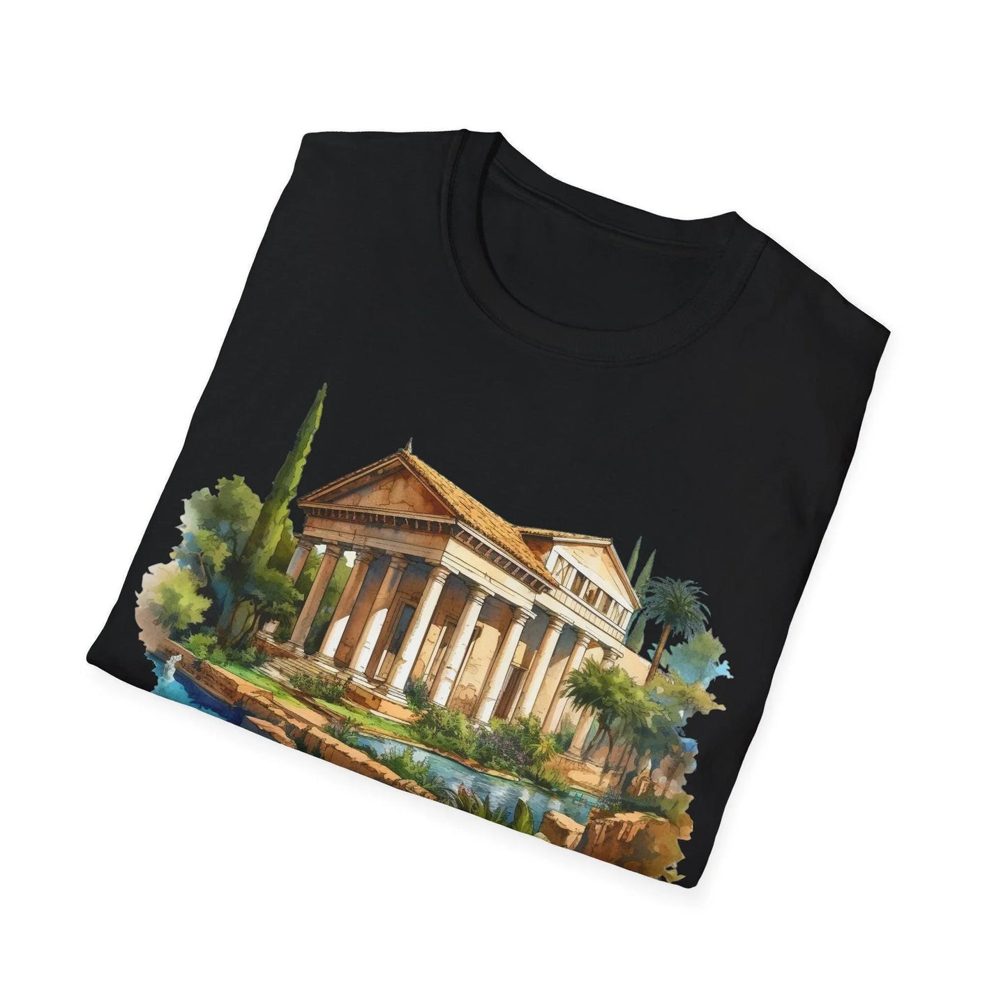 Close-up of the unisex softstyle T-shirt's neckline and sleeve seam, highlighting smooth stitching and relaxed fit in forest