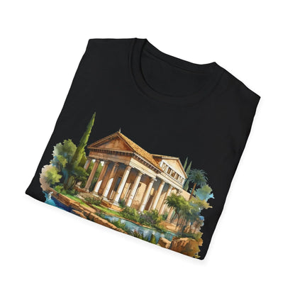 Close-up of the unisex softstyle T-shirt's neckline and sleeve seam, highlighting smooth stitching and relaxed fit in forest