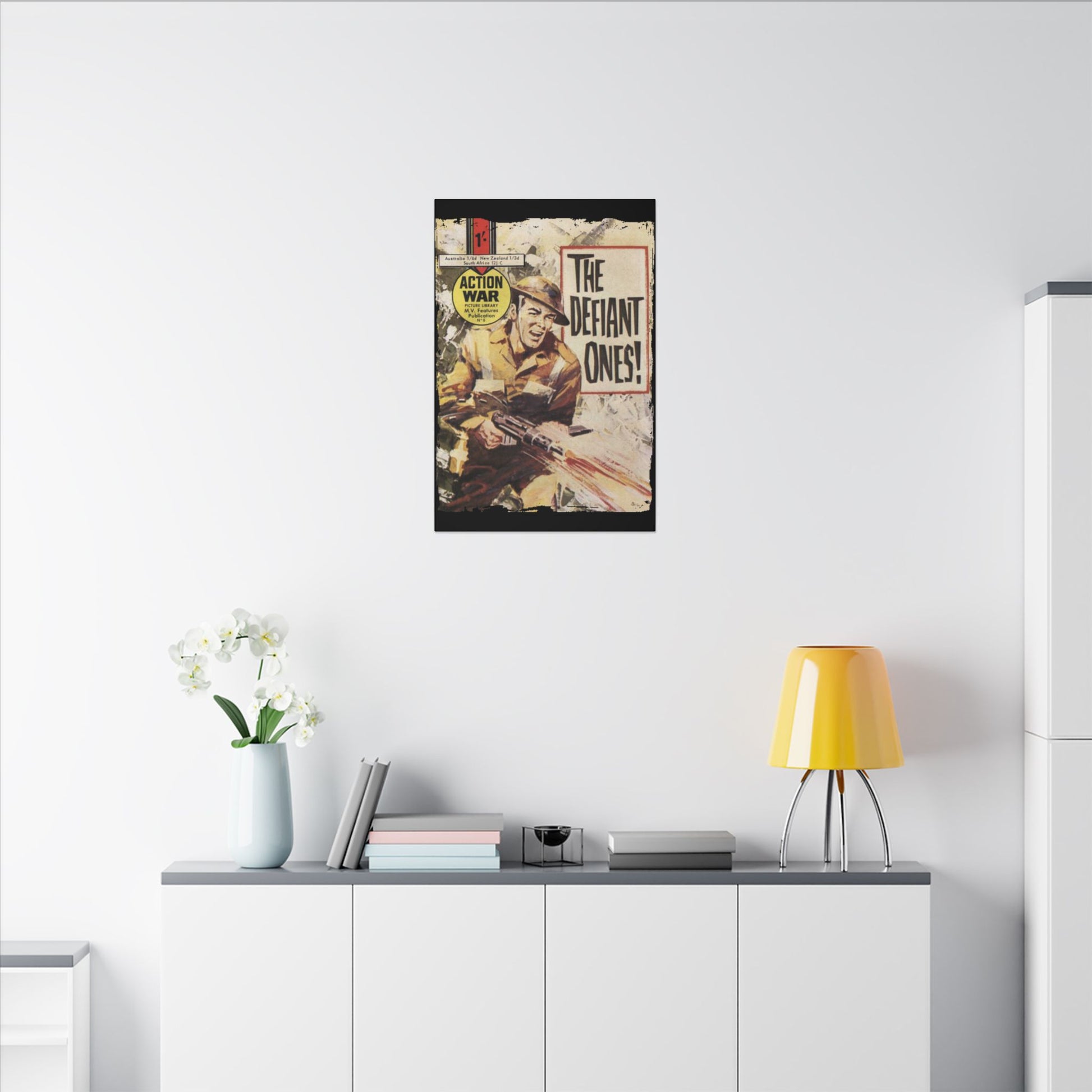 Close-up of the textured canvas surface highlighting the vibrant ink detail and color saturation on the Action War #6 print.