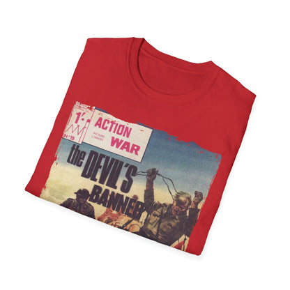 Close-up of the unisex softstyle T-shirt's neckline showing stitched ribbed collar and precise fabric texture in navy blue