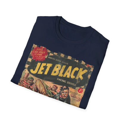Close-up of the Jet Black No.5 softstyle T-shirt's stitched collar and fabric texture, highlighting the smooth knit and
