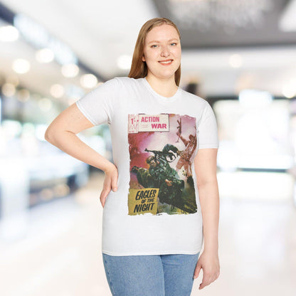 Close-up of the soft charcoal gray fabric showing subtle heather texture and relaxed fit neckline detail from a slightly