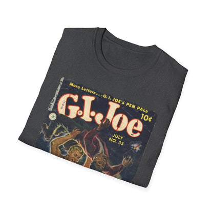 Close-up of the G.I. Joe No.33 unisex softstyle T-shirt's vibrant red color and smooth cotton fabric texture from a slight