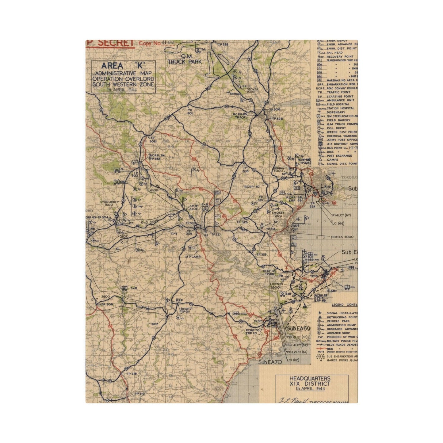 Close-up of detailed hand-drawn section highlighting southwestern zone borders and annotations on the Operation Overlord map