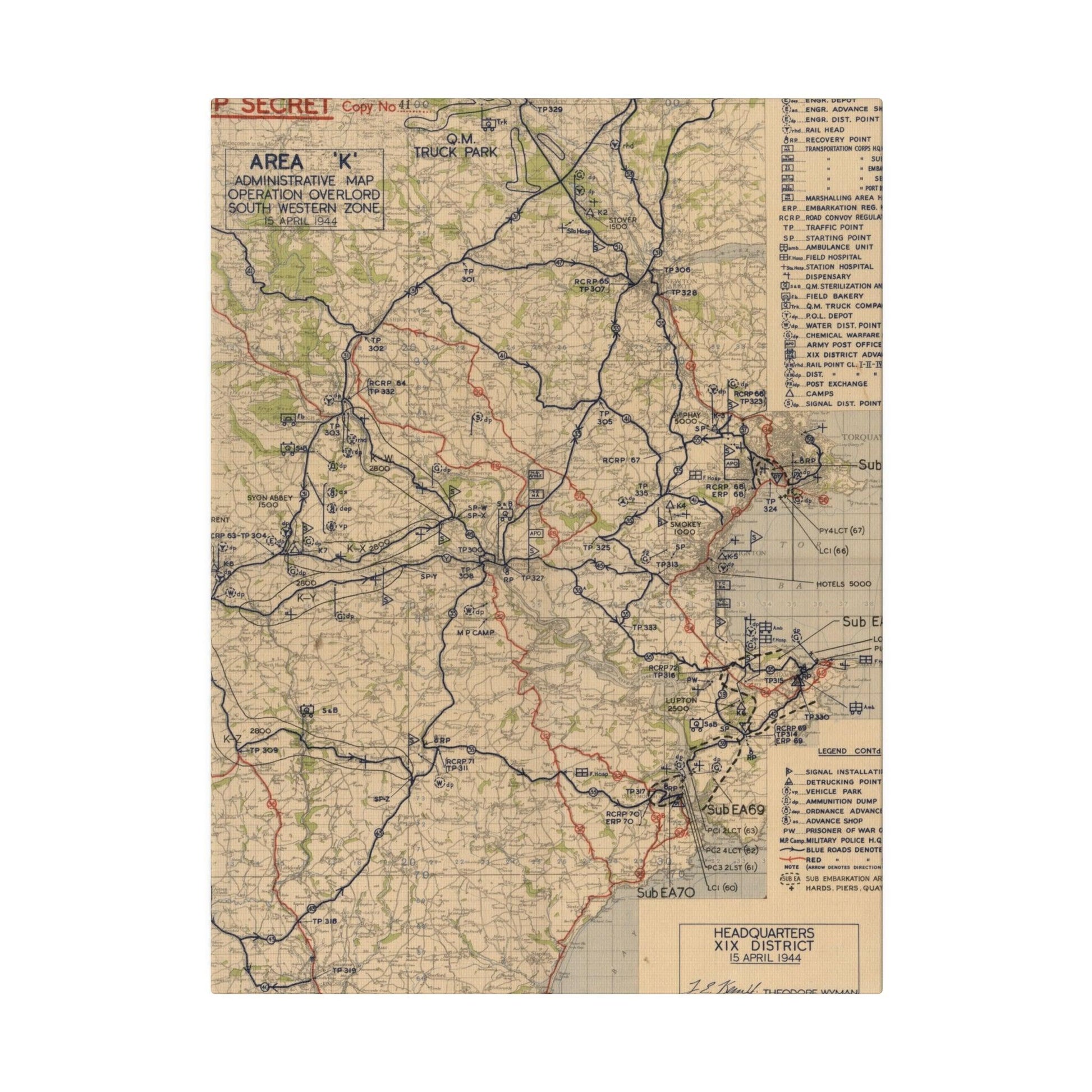 Detail of faded hand-drawn zone boundaries and annotations on the South Western Zone section of the Operation Overlord map