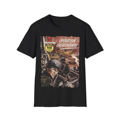 Printify Action War #4 unisex cotton crew neck softstyle T-shirt, regular fit, black color, DTG printed graphic design