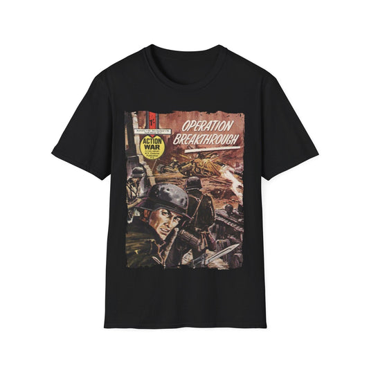 Printify Action War #4 unisex cotton crew neck softstyle T-shirt, regular fit, black color, DTG printed graphic design