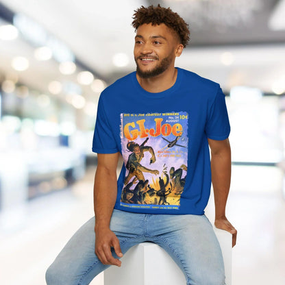 Close-up of the G.I. Joe No.24 unisex softstyle T-shirt's navy fabric with visible subtle stitching and relaxed fit collar