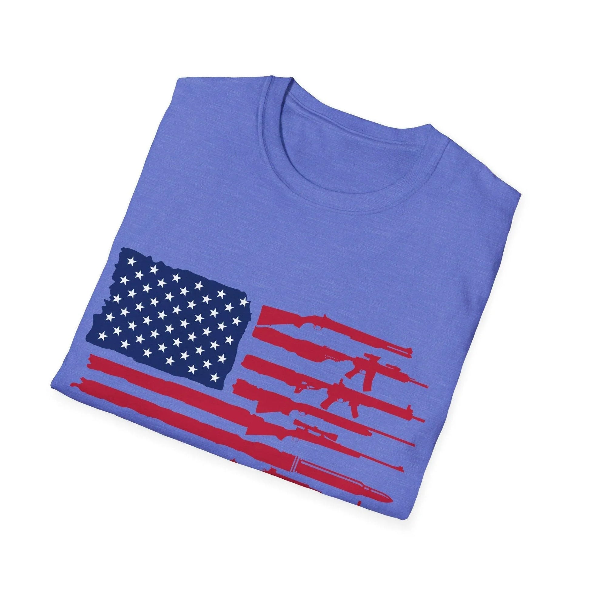 Close-up of the American flag Guns graphic on the chest, showcasing vibrant colors and detailed print on the unisex