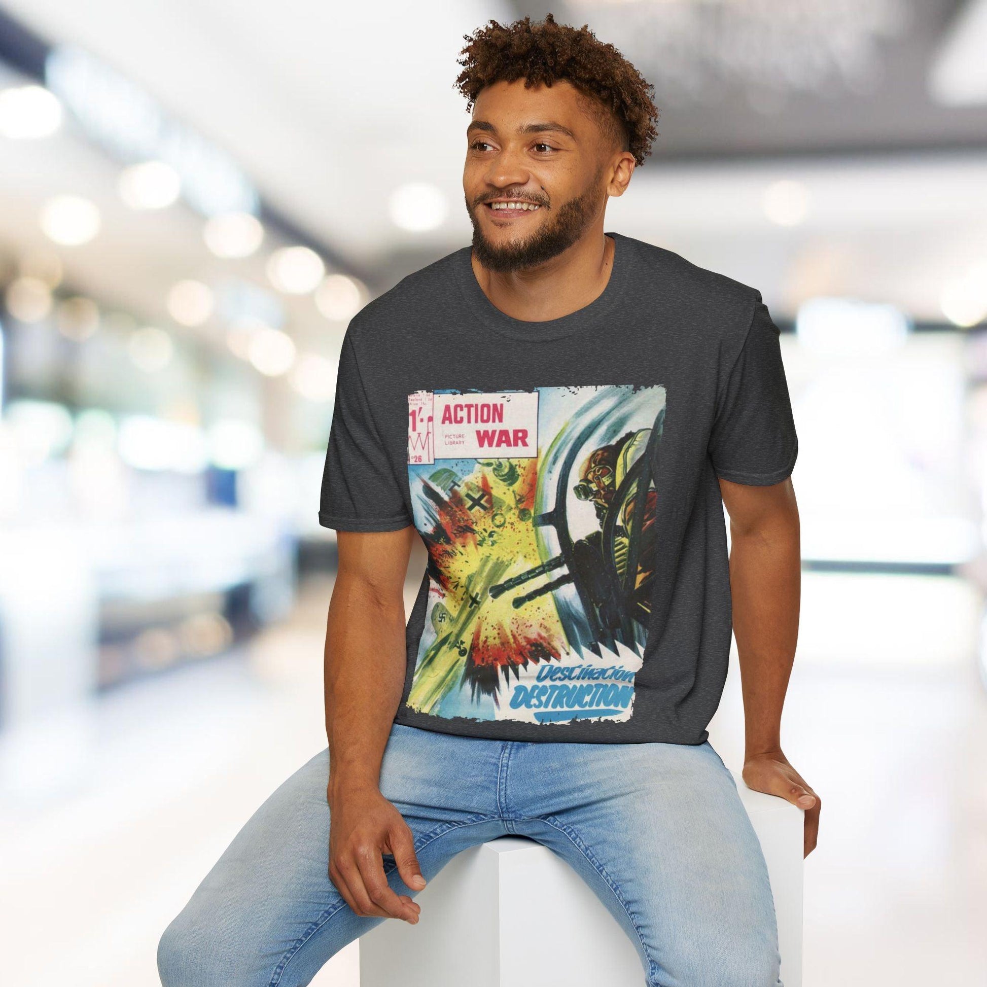 Close-up of the unisex relaxed fit T-shirt’s navy fabric highlighting subtle heather texture and soft crew neckline detail.