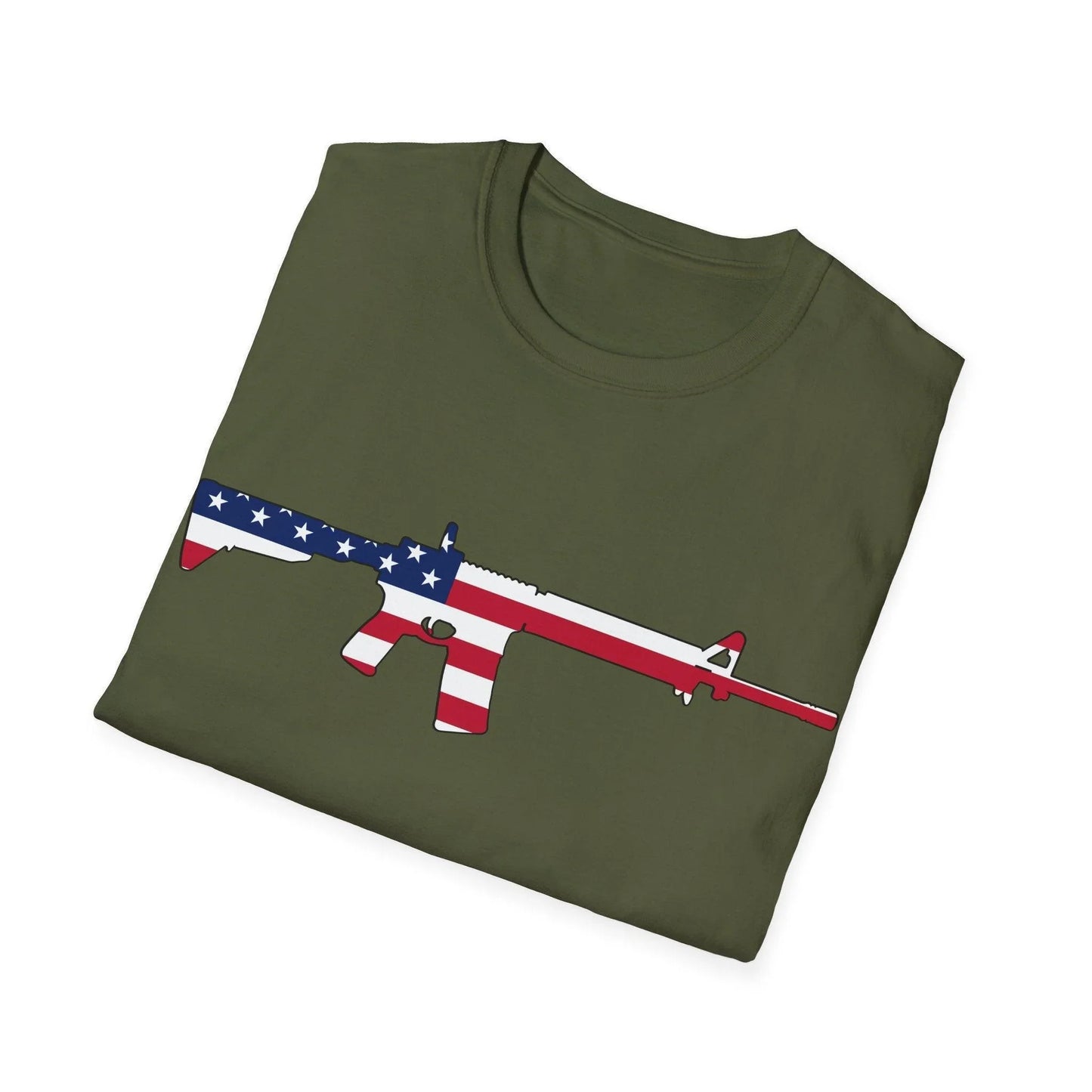 Close-up of the soft cotton fabric showing vibrant American flag color print on the relaxed fit T-shirt's back neckline