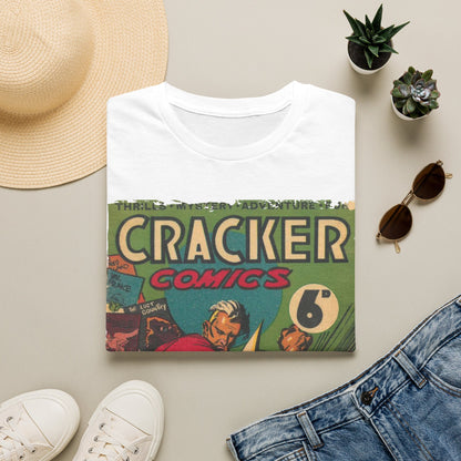 Close-up of the Cracker 1943 T-shirt back neckline showing double-stitched seams and soft cotton fabric in olive green color.