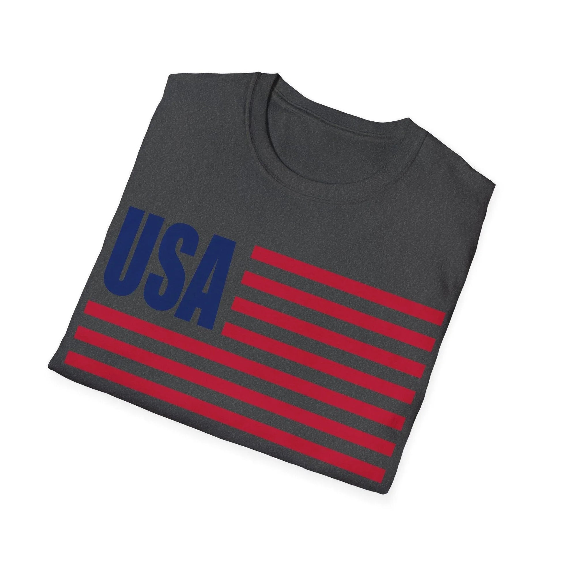 Close-up of the relaxed fit American Flag USA-colored T-shirt's fabric texture highlighting the soft cotton material and