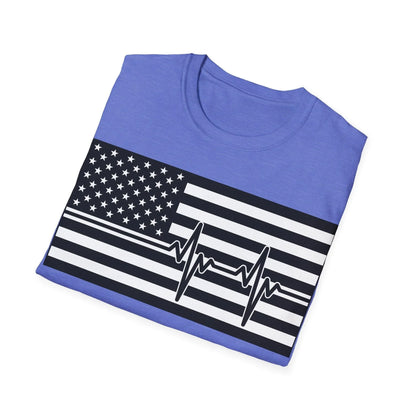 Close-up of the black-and-white American Flag heartbeat design on the front chest area of the unisex T-shirt, highlighting