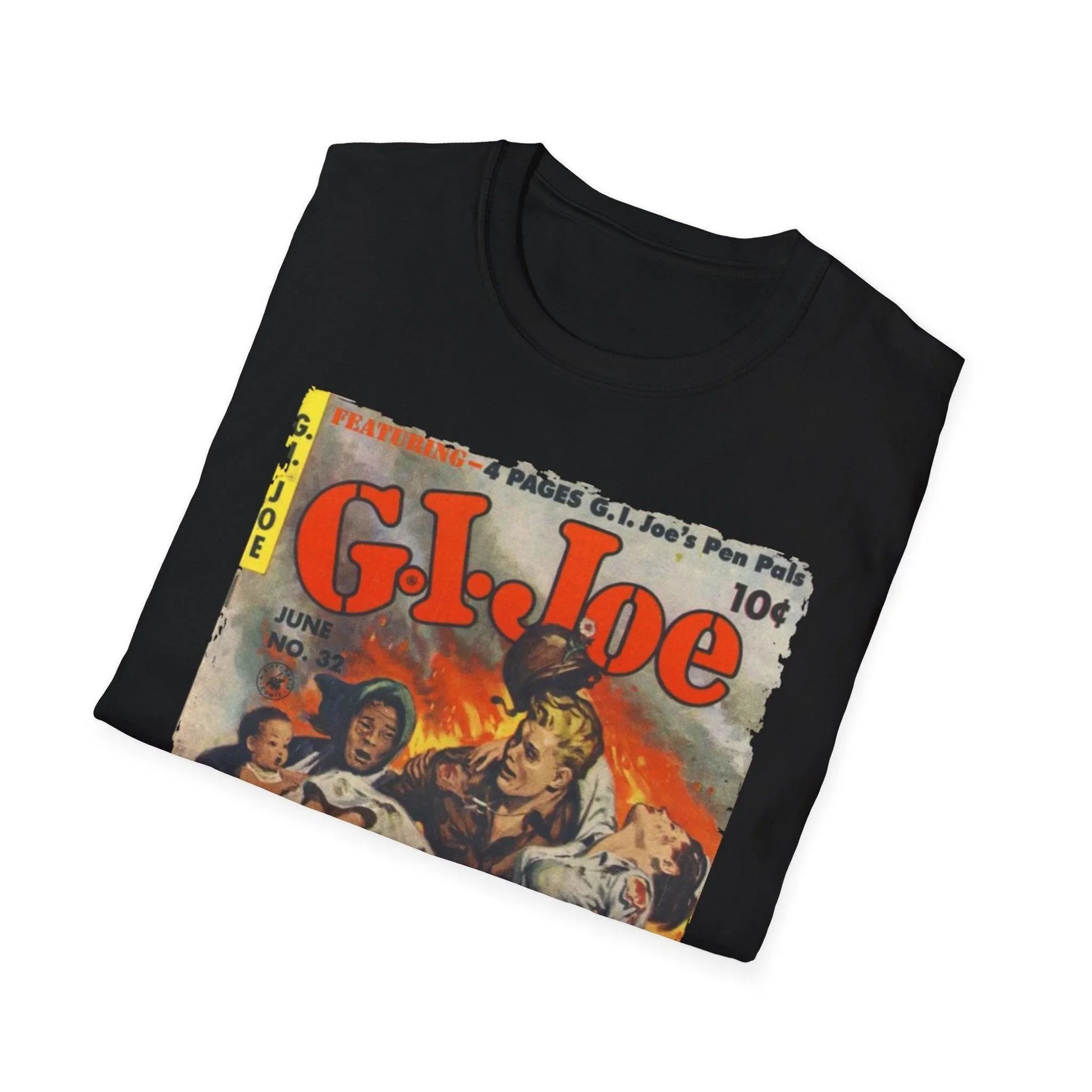 Close-up of G.I. Joe No.32 softstyle T-shirt fabric showing navy blue color, relaxed fit, crew neckline, and short sleeves