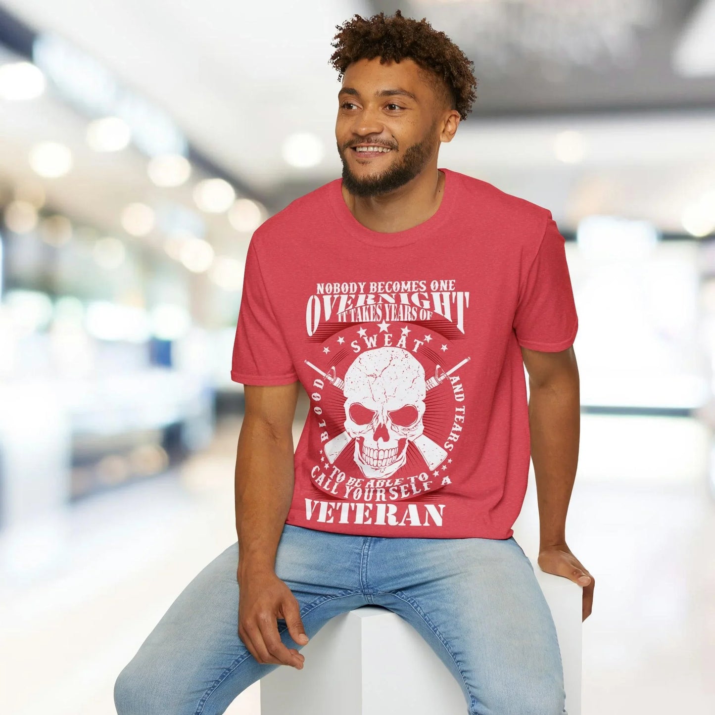 Close-up of the unisex softstyle T-shirt fabric showing smooth cotton blend texture and relaxed fit neckline from a slight