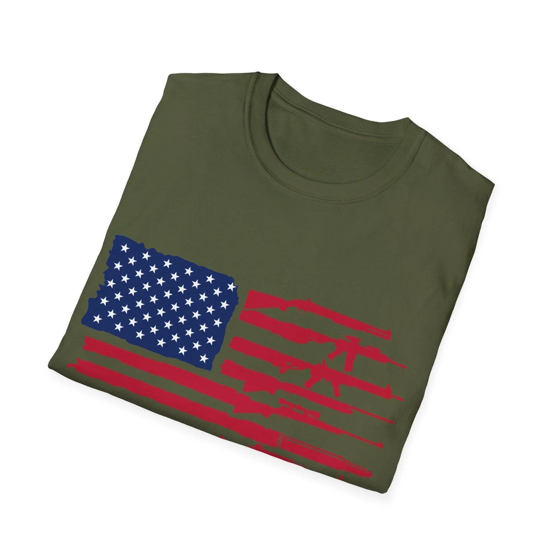 Front neckline detail showcasing the American flag guns graphic on the unisex softstyle T-shirt in vibrant red, white, and