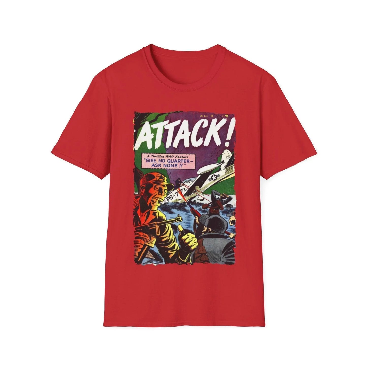 Close-up of the Attack! No. 5 unisex softstyle T-shirt neckline featuring reinforced stitching and smooth seam detail in