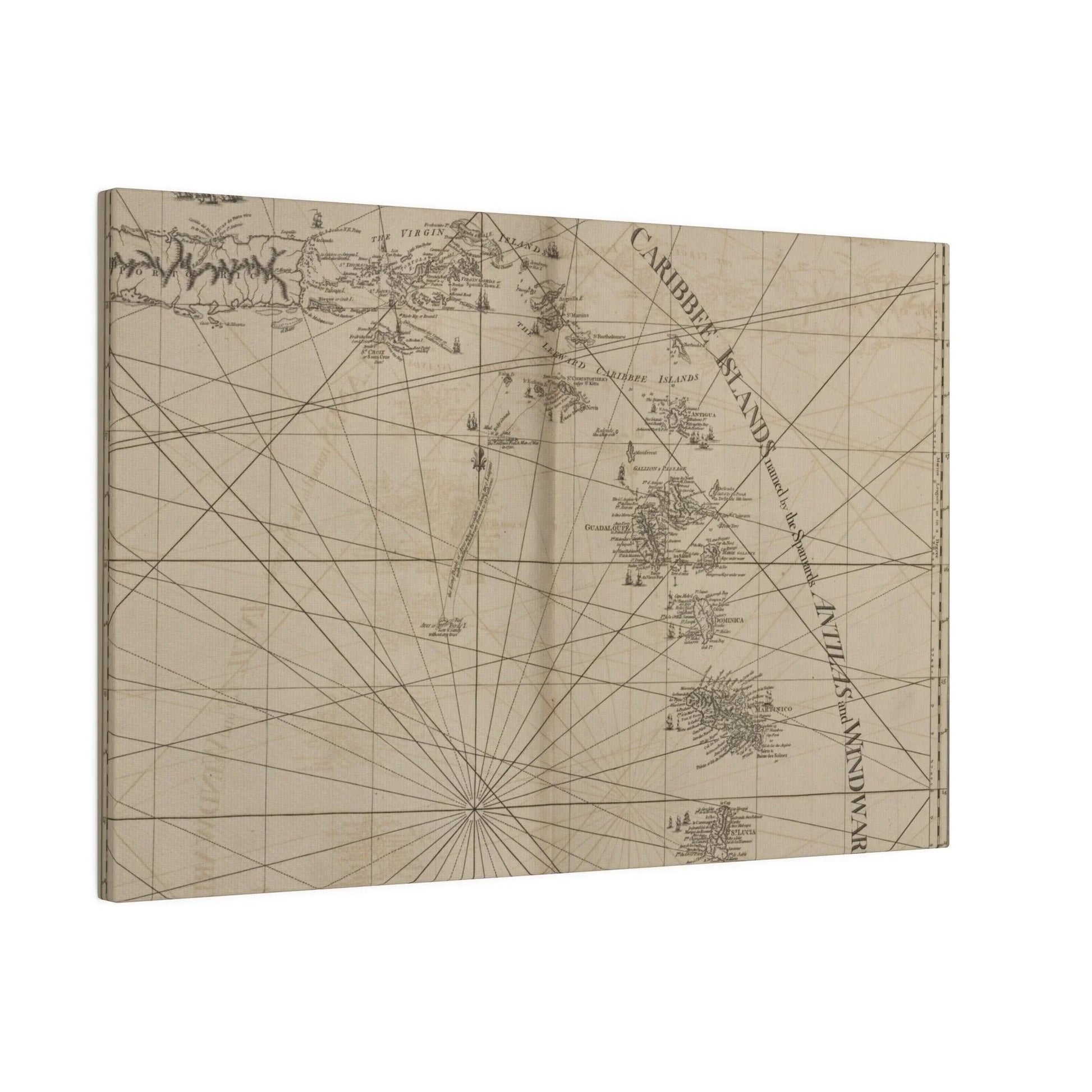 Close-up of vibrant Caribbean map detail highlighting Virgin Islands and Porto Rico labels on textured canvas surface