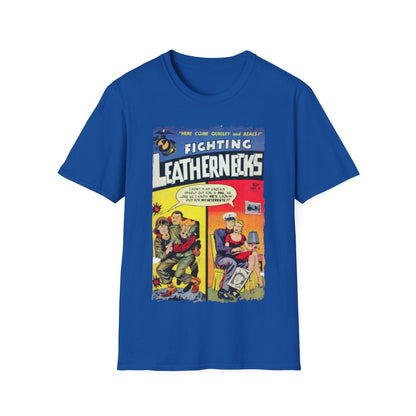 Close-up of the unisex softstyle T-shirt’s collar and neckline stitching in black fabric, highlighting smooth seamless