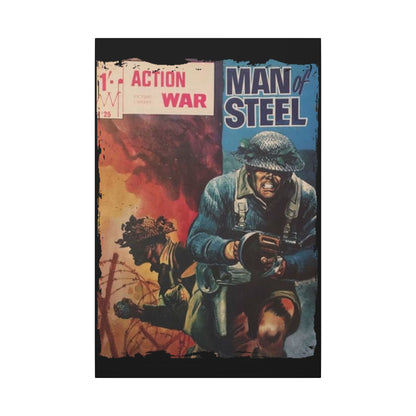 Close-up of the vintage "Action War #25" comic book title and bold logo on textured canvas, angled to highlight the retro