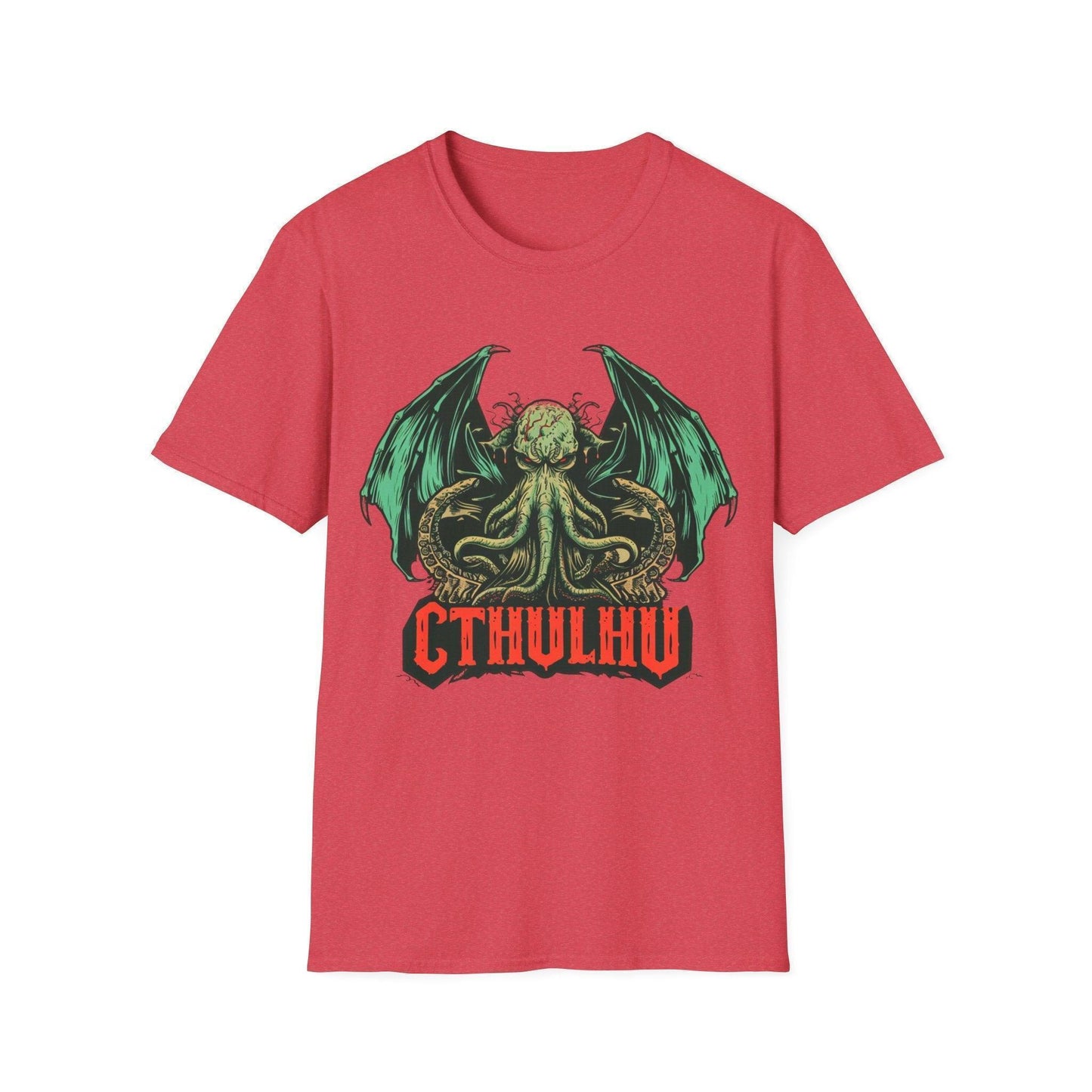 Close-up of black Cthulhu graphic detail on the front of relaxed fit white unisex cotton T-shirt with crew neckline and