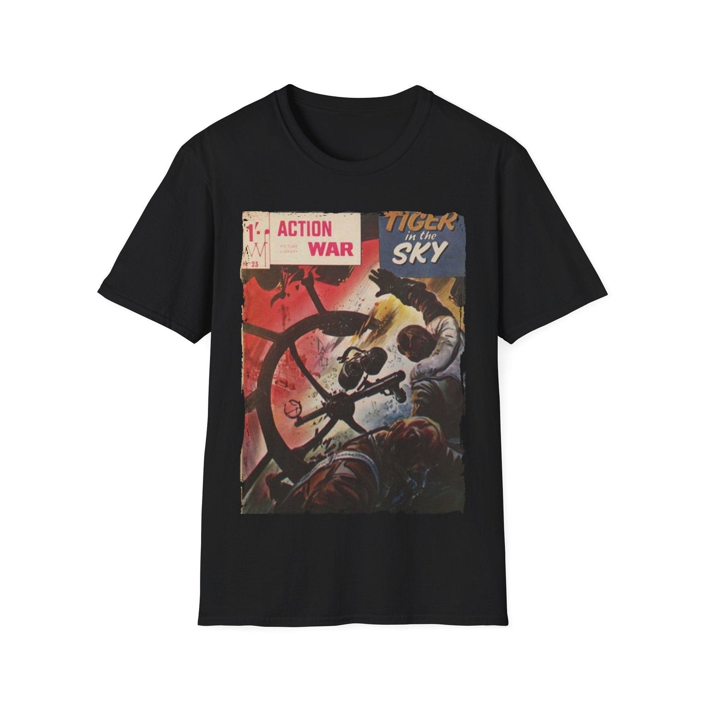 Printify Action War #23 unisex softstyle cotton T-shirt with crew neck, regular fit, black color, graphic print design