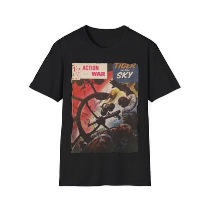 Printify Action War #23 unisex softstyle cotton T-shirt with crew neck, regular fit, black color, graphic print design
