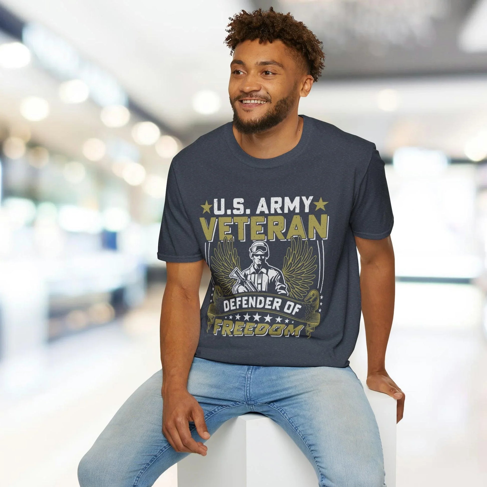 Front neckline detail highlighting the soft cotton blend fabric and reinforced stitching on the army-themed graphic T-shirt