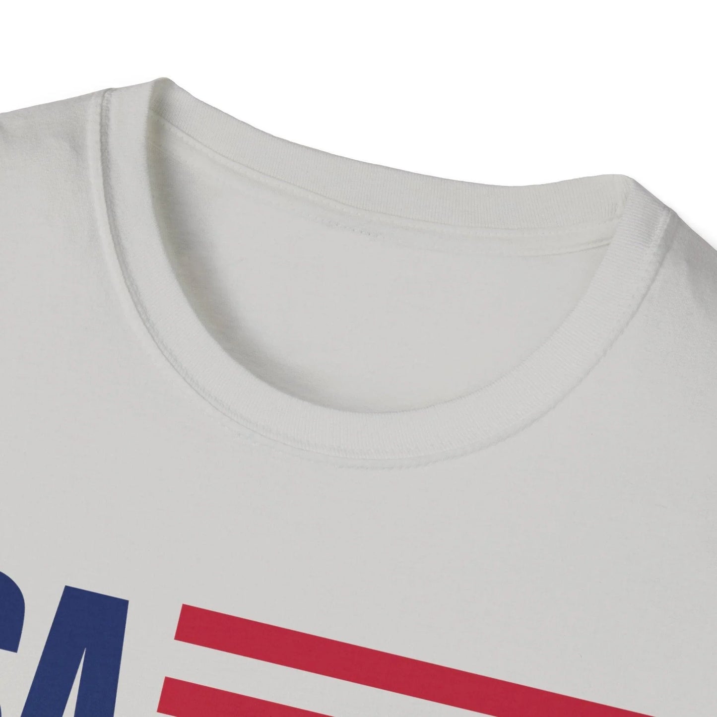 Close-up of the unisex softstyle t-shirt collar showing smooth neckline stitching and vibrant USA flag colors at a slight