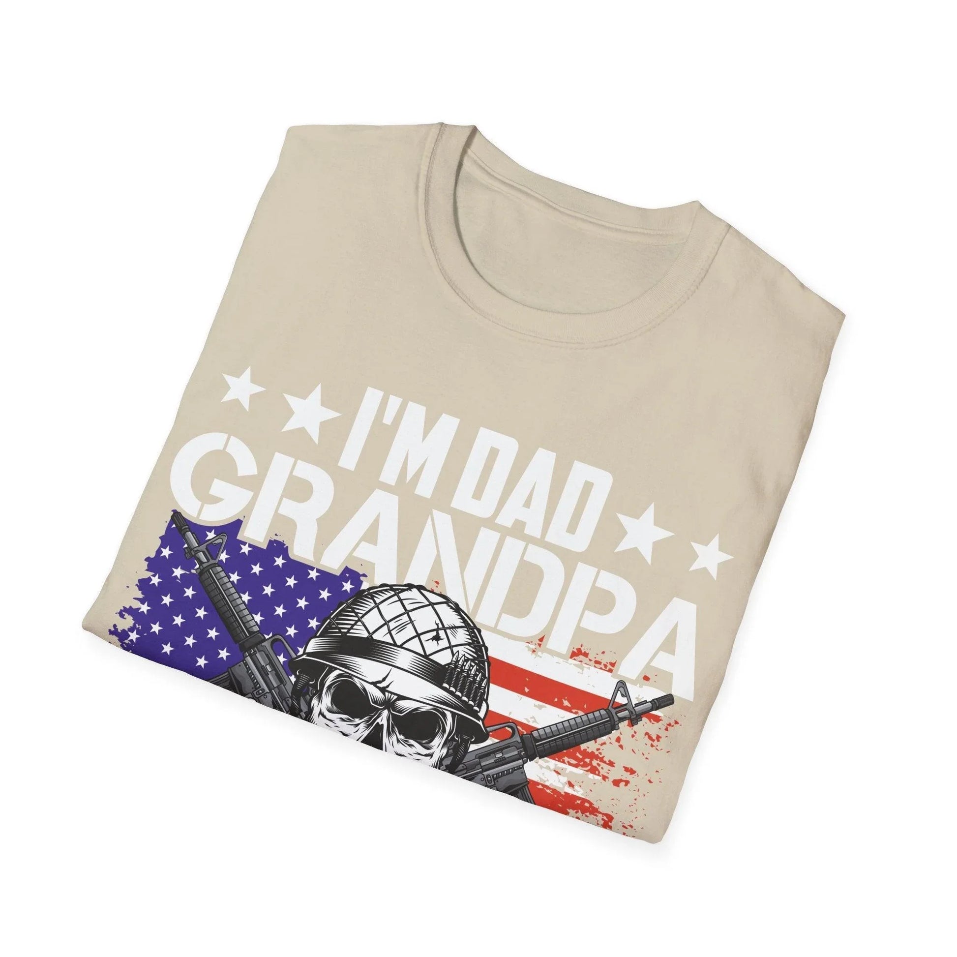 Close-up of the soft fabric texture and reinforced stitching along the crew neckline of the gray unisex Dad Grandpa Veteran