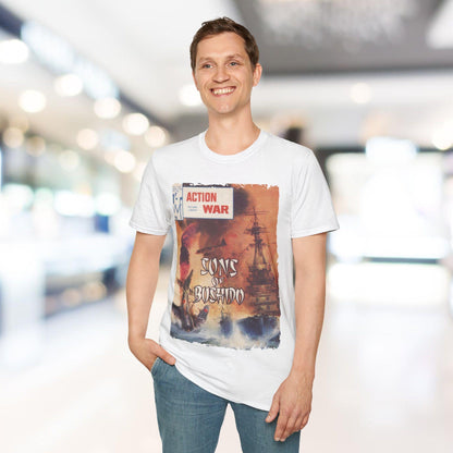 Close-up of the unisex softstyle fabric tag on the collar showing fabric composition and subtle stitching details.