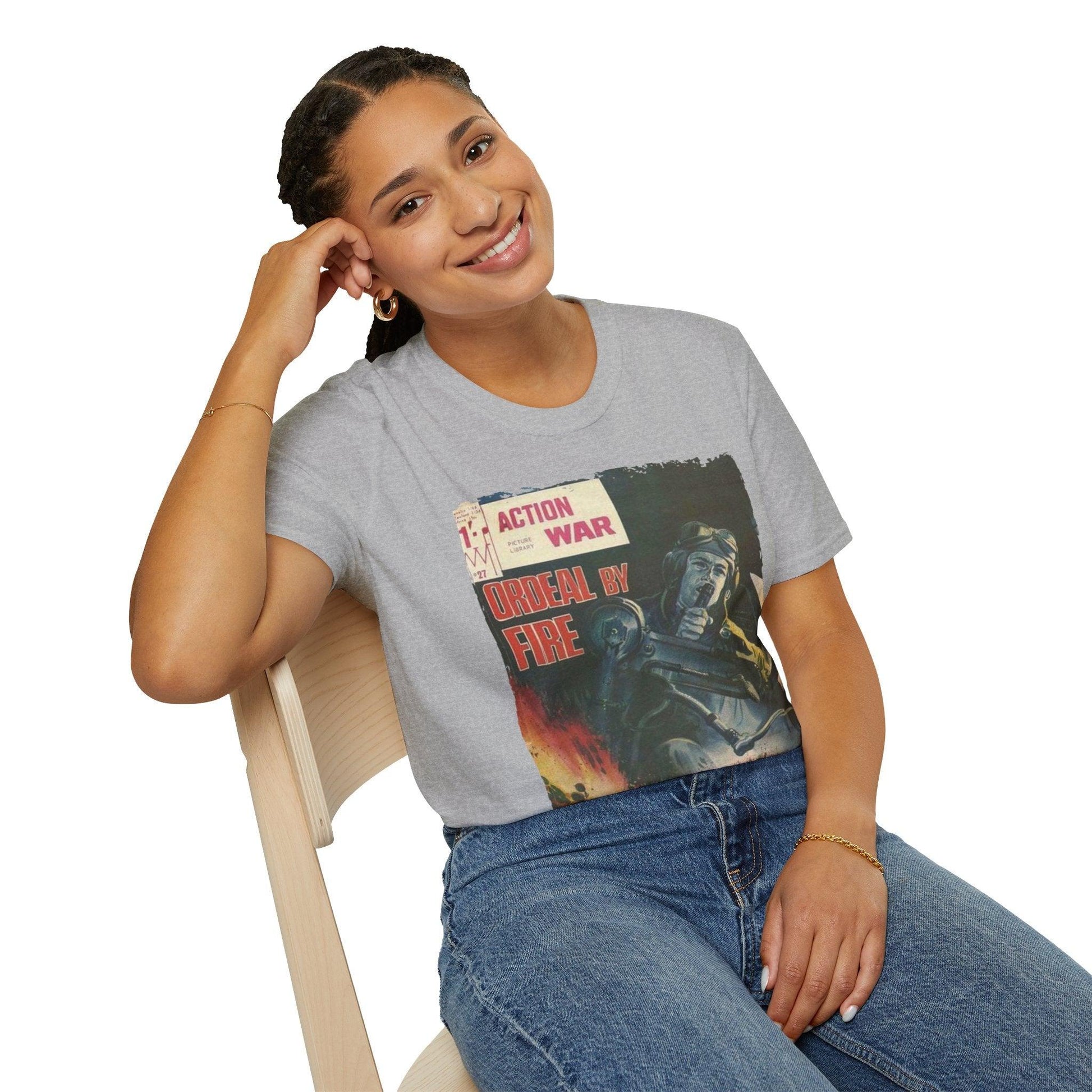 Close-up of the unisex softstyle fabric showing subtle heather texture and relaxed fit neckline from a slightly angled top