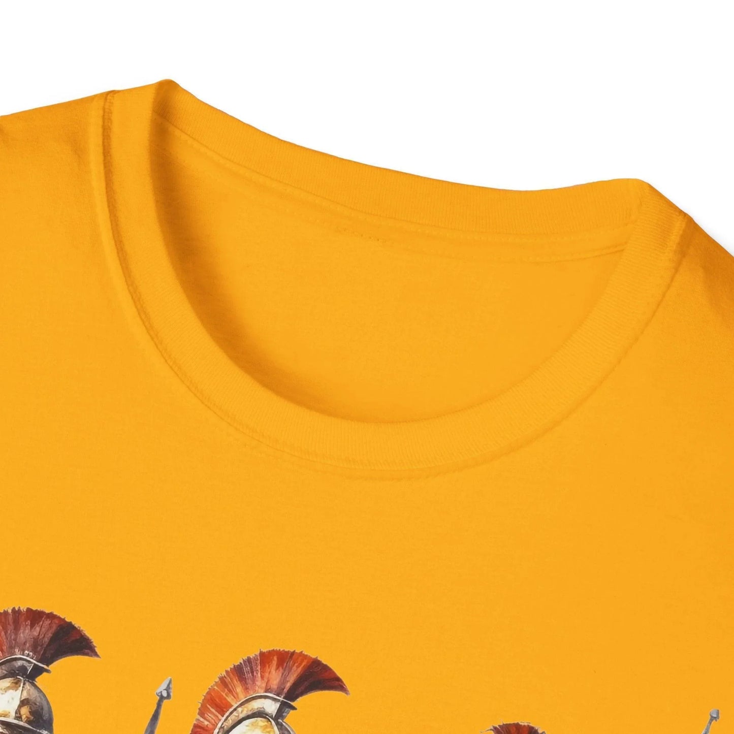 Close-up of the navy blue Ancient Warrior 3 T-Shirt’s subtle fabric texture and reinforced neckline stitching from a