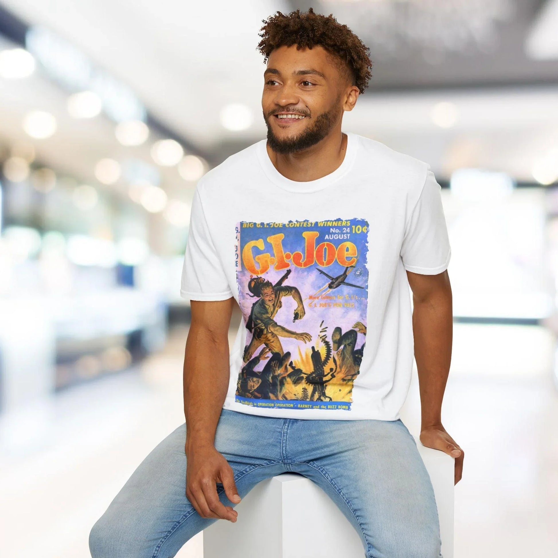 Close-up of the G.I. Joe No.24 unisex softstyle T-shirt's collar showing the smooth ribbed neckline and stitched seam in