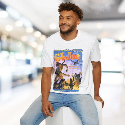 Close-up of the G.I. Joe No.24 unisex softstyle T-shirt's collar showing the smooth ribbed neckline and stitched seam in