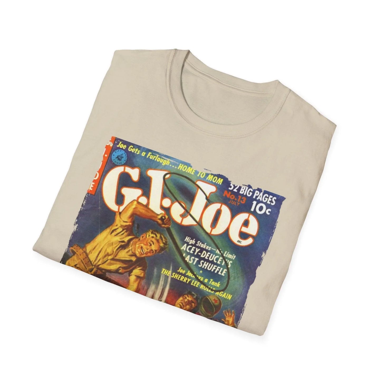 Close-up of the G.I. Joe No.13 July unisex softstyle T-shirt showing the fabric’s smooth knit texture and vibrant navy color