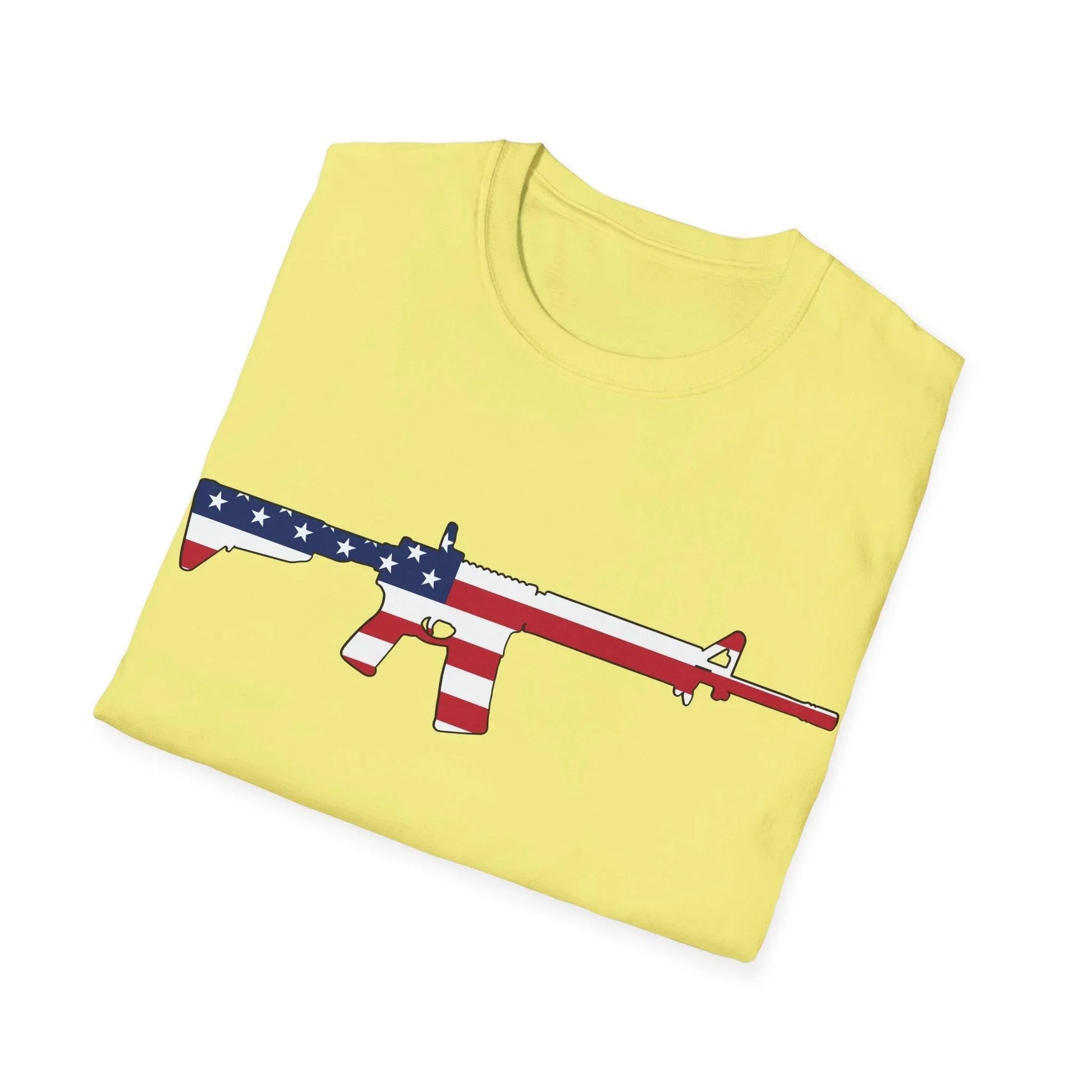 Close-up of the unisex relaxed fit T-shirt's vibrant American flag print on soft cotton fabric, showcasing the detailed star